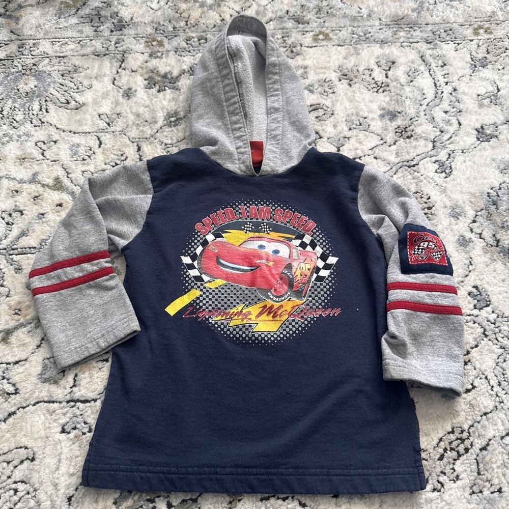 Rare VTG Disney Pixar Cars Lightning McQueen Hoodie Kids 5/6(?) Blue Gray Racing